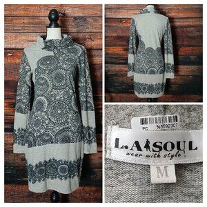 LA Soul Sweater Dress Size M Cowl Neck Gray Black Mandala Soft Knit Tunic